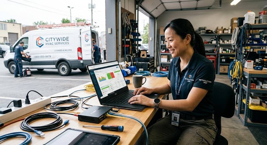 An MSP technician working on a laptop with AI dashboards inside an HVAC service garage